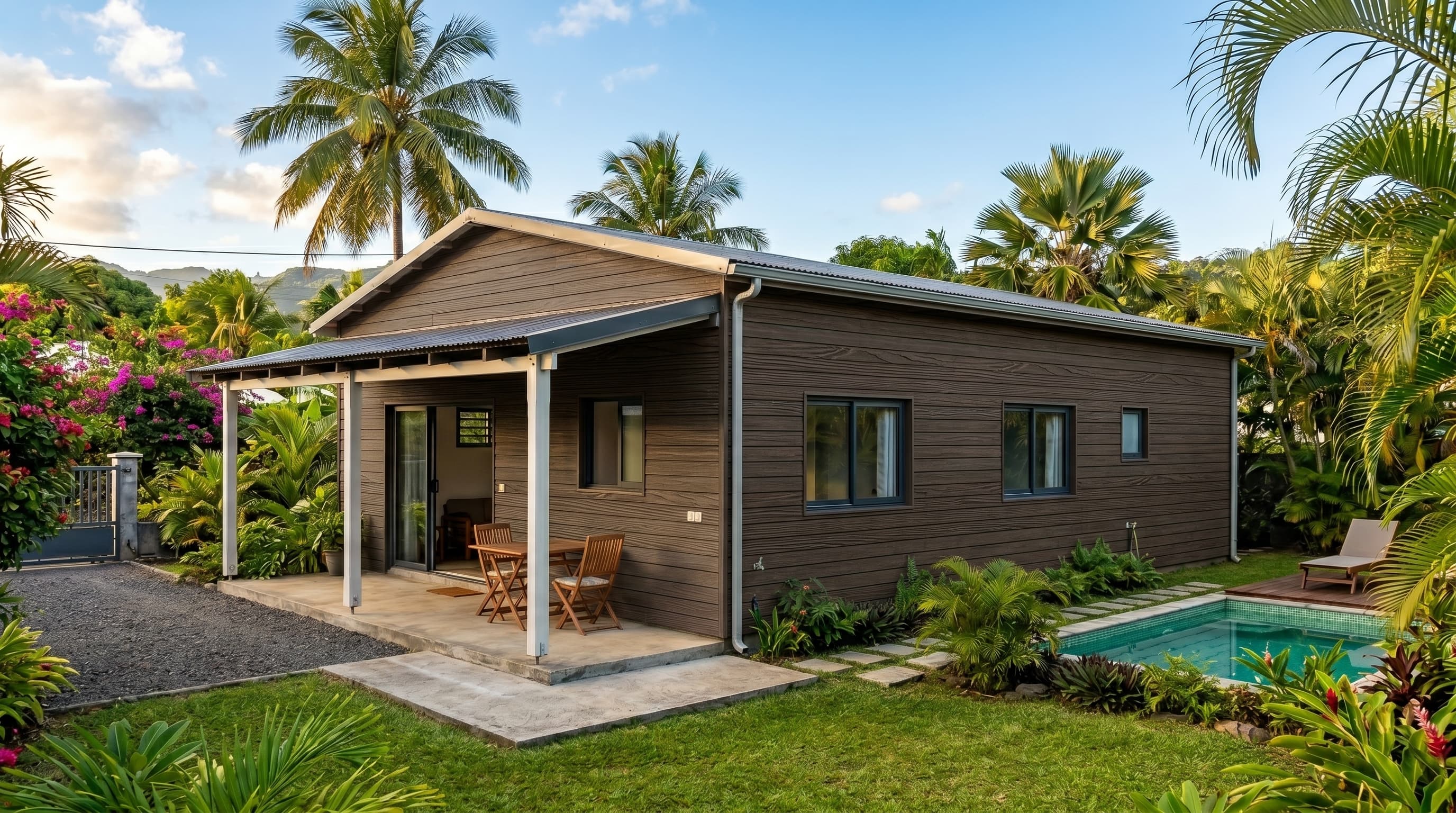 Maison témoin habillée en bardage Afromasia
